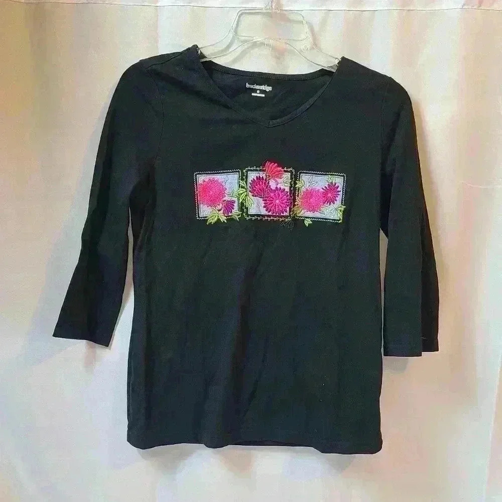 Breckenridge Emrboidered Floral Black Quarter Sleeve Blouse